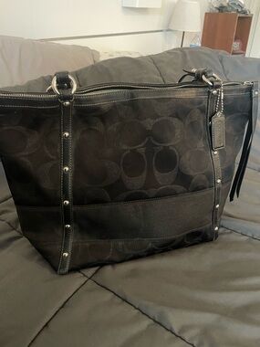 Coach Black Leather Patch with Silver Logo on Light Blue Lining
